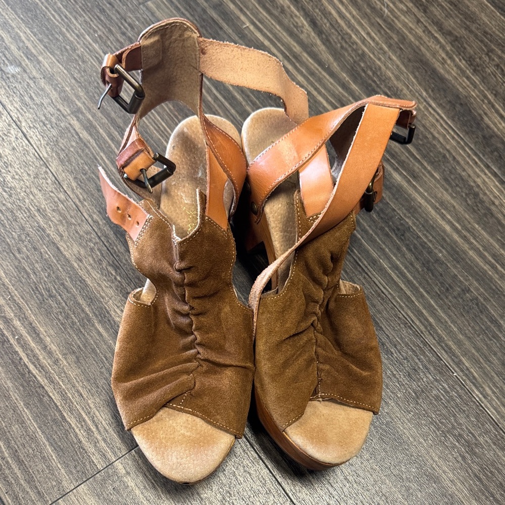 Free People Tan and Brown Wedge Sandals